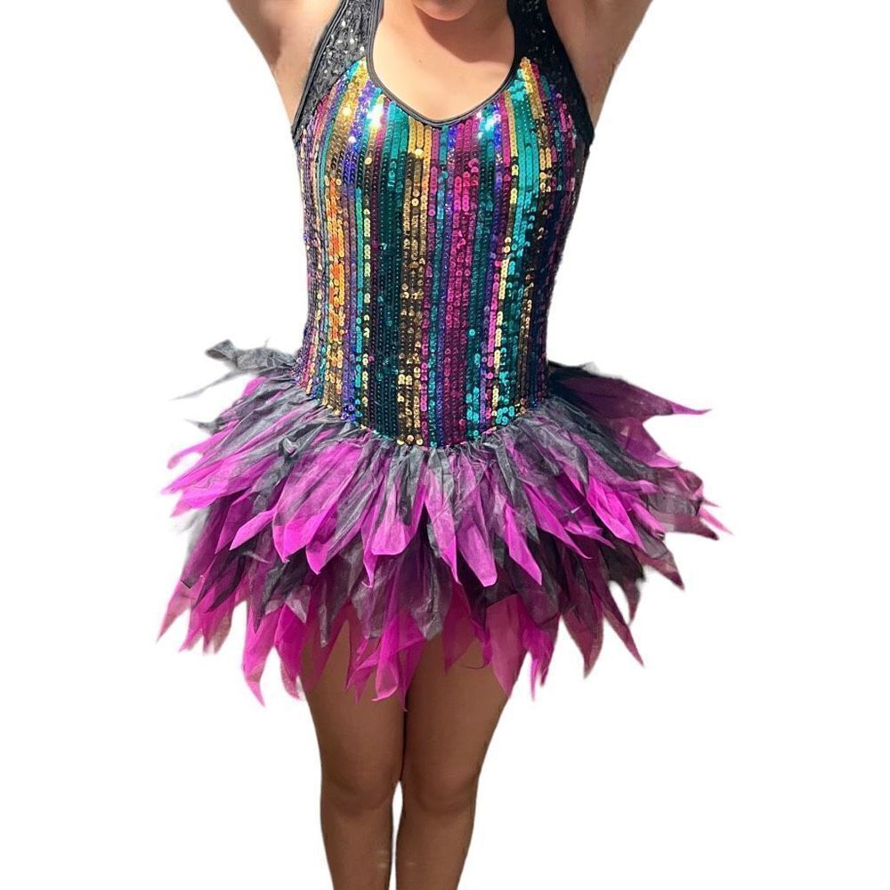 Curtain Call Costumes Junior Sequin Tutu Leotard Dance Dress Purple Black Sz ASM
